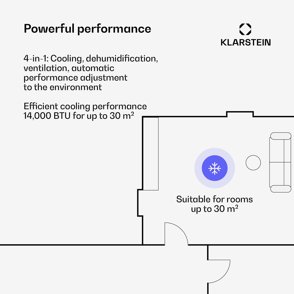 Klarstein AireLux Portable Air Conditioner - 14,000 BTU, Smart App & Voice Control, for Rooms up to 30 m², 4-in-1 Cooling, Dehumidifier, Fan & Sleep Mode, Quiet, Dark Grey