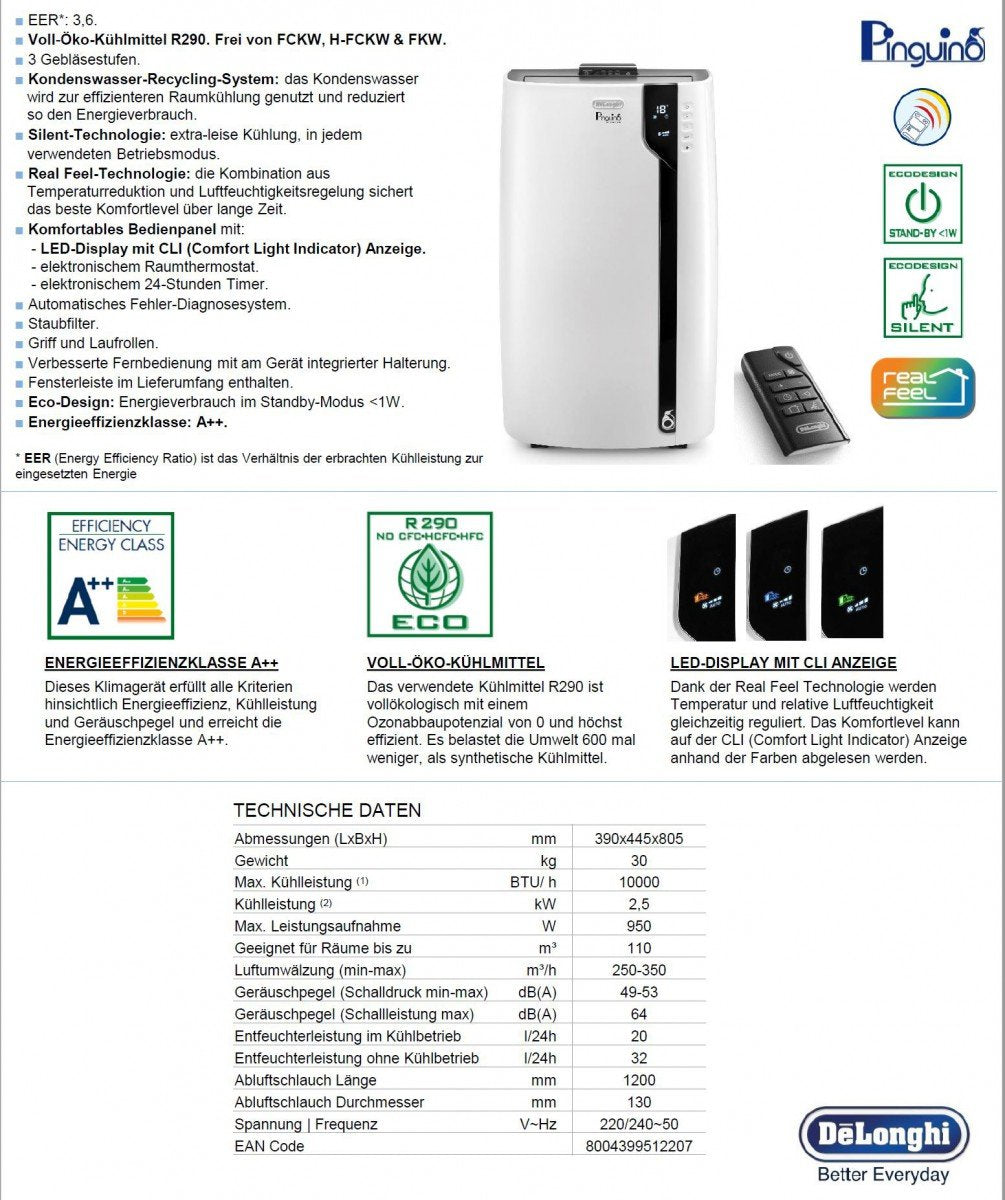De'Longhi Pinguino PACEX100 Silent | Portable Air Conditioner with Real Feel Technology | 110m³, 10,000 BTU, A++ Energy Efficiency