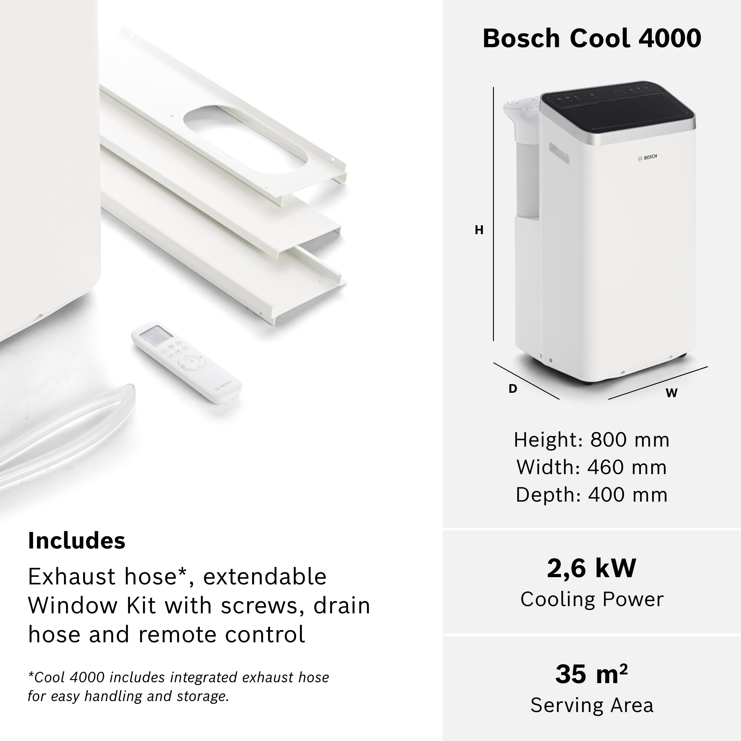 Bosch Cool 4000 Portable AC - 3-in-1 Air Conditioner, Dehumidifier, Fan - 2.6 kW for rooms up to 35m² - Features Auto Mode, Silent Mode & Sleep Mode