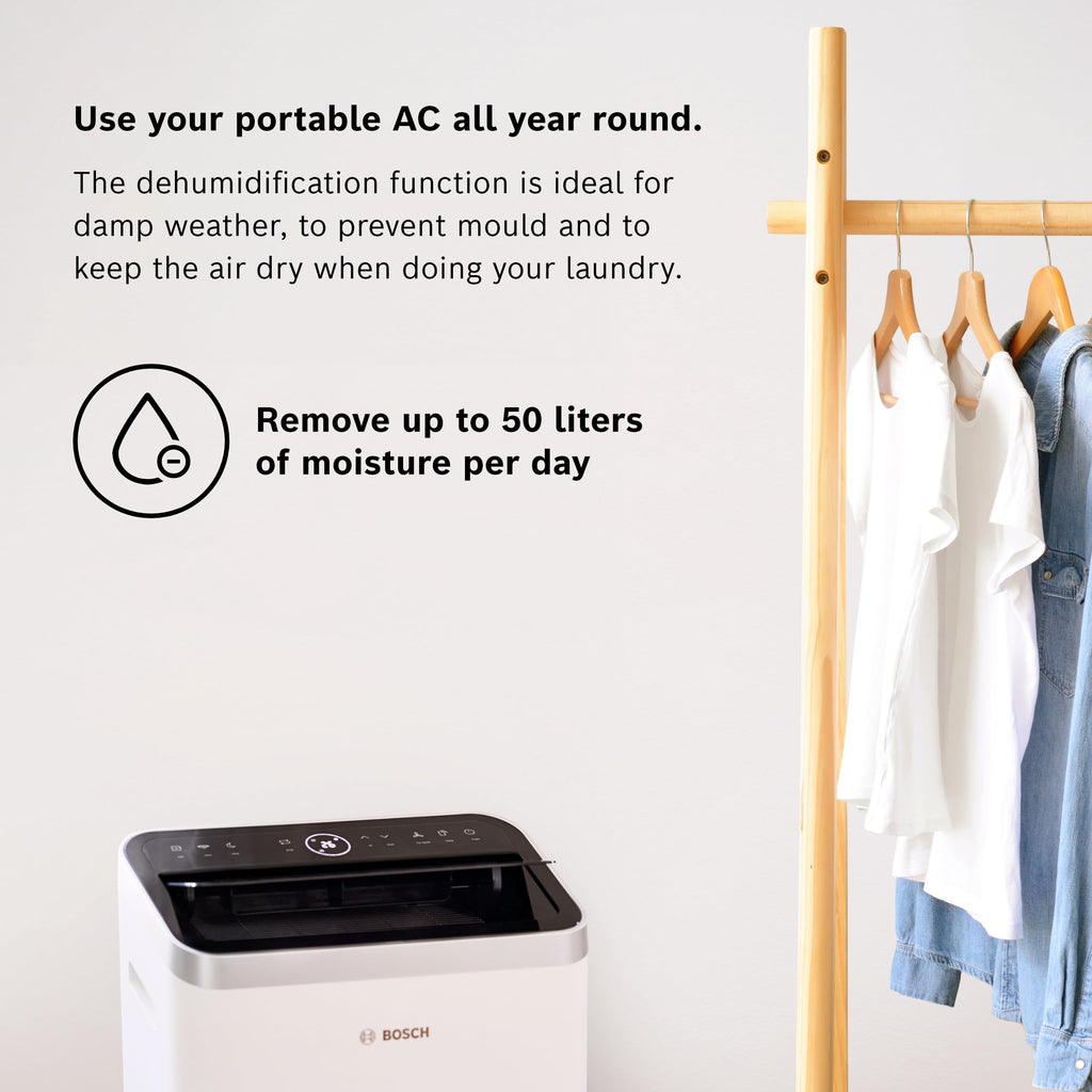 Bosch Cool 4000 Portable AC - 3-in-1 Air Conditioner, Dehumidifier, Fan - 2.6 kW for rooms up to 35m² - Features Auto Mode, Silent Mode & Sleep Mode