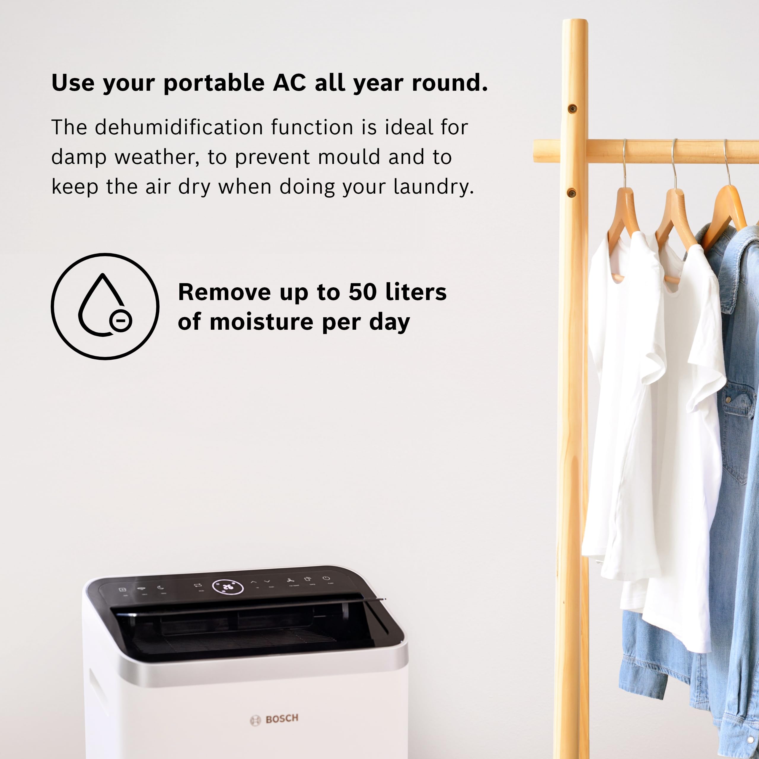 Bosch Cool 4000 Portable AC - 3-in-1 Air Conditioner, Dehumidifier, Fan - 2.6 kW for rooms up to 35m² - Features Auto Mode, Silent Mode & Sleep Mode