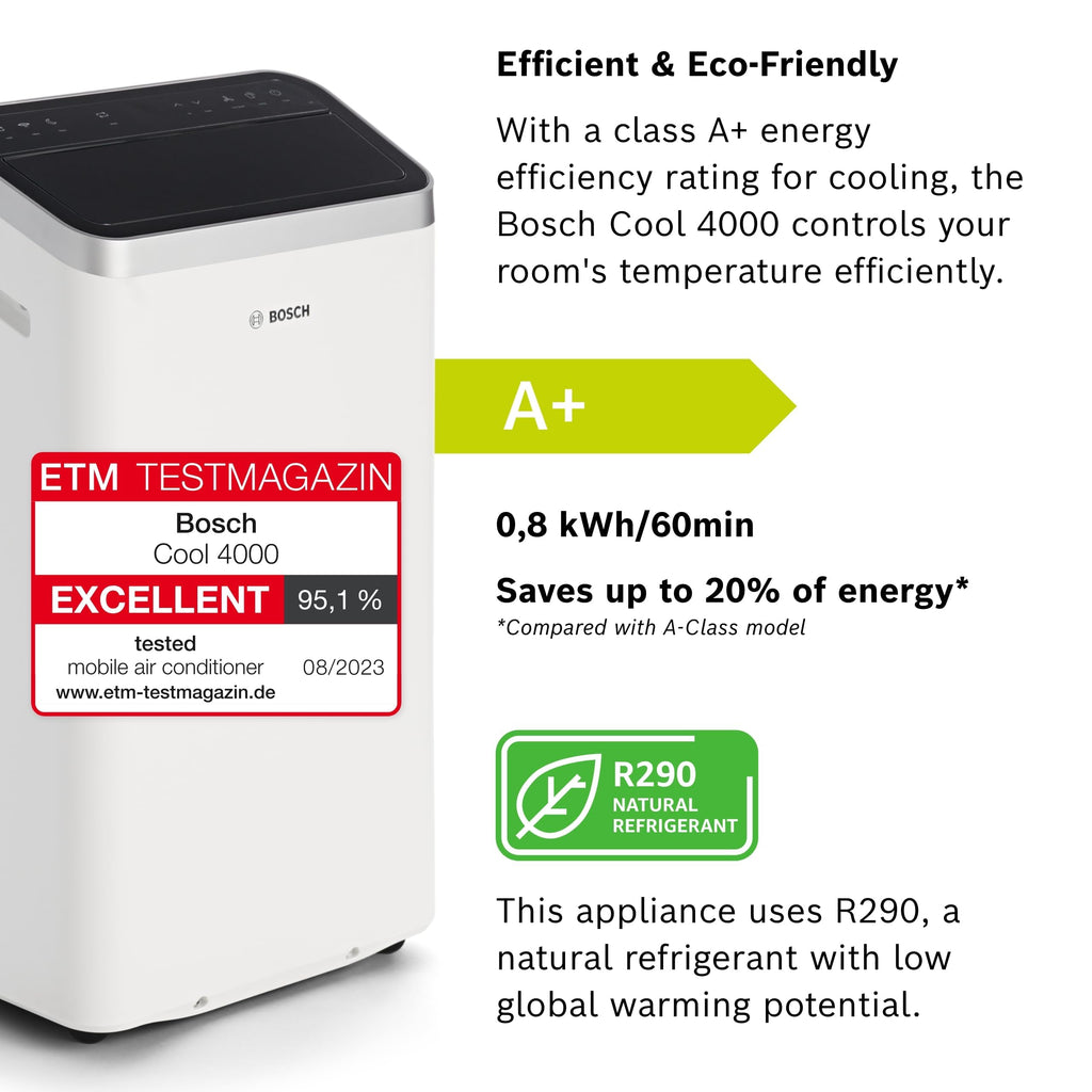 Bosch Cool 4000 Portable AC - 3-in-1 Air Conditioner, Dehumidifier, Fan - 2.6 kW for rooms up to 35m² - Features Auto Mode, Silent Mode & Sleep Mode