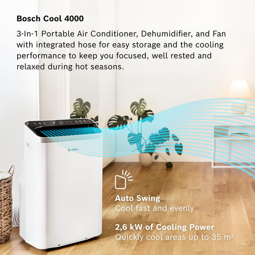 Bosch Cool 4000 Portable AC - 3-in-1 Air Conditioner, Dehumidifier, Fan - 2.6 kW for rooms up to 35m² - Features Auto Mode, Silent Mode & Sleep Mode
