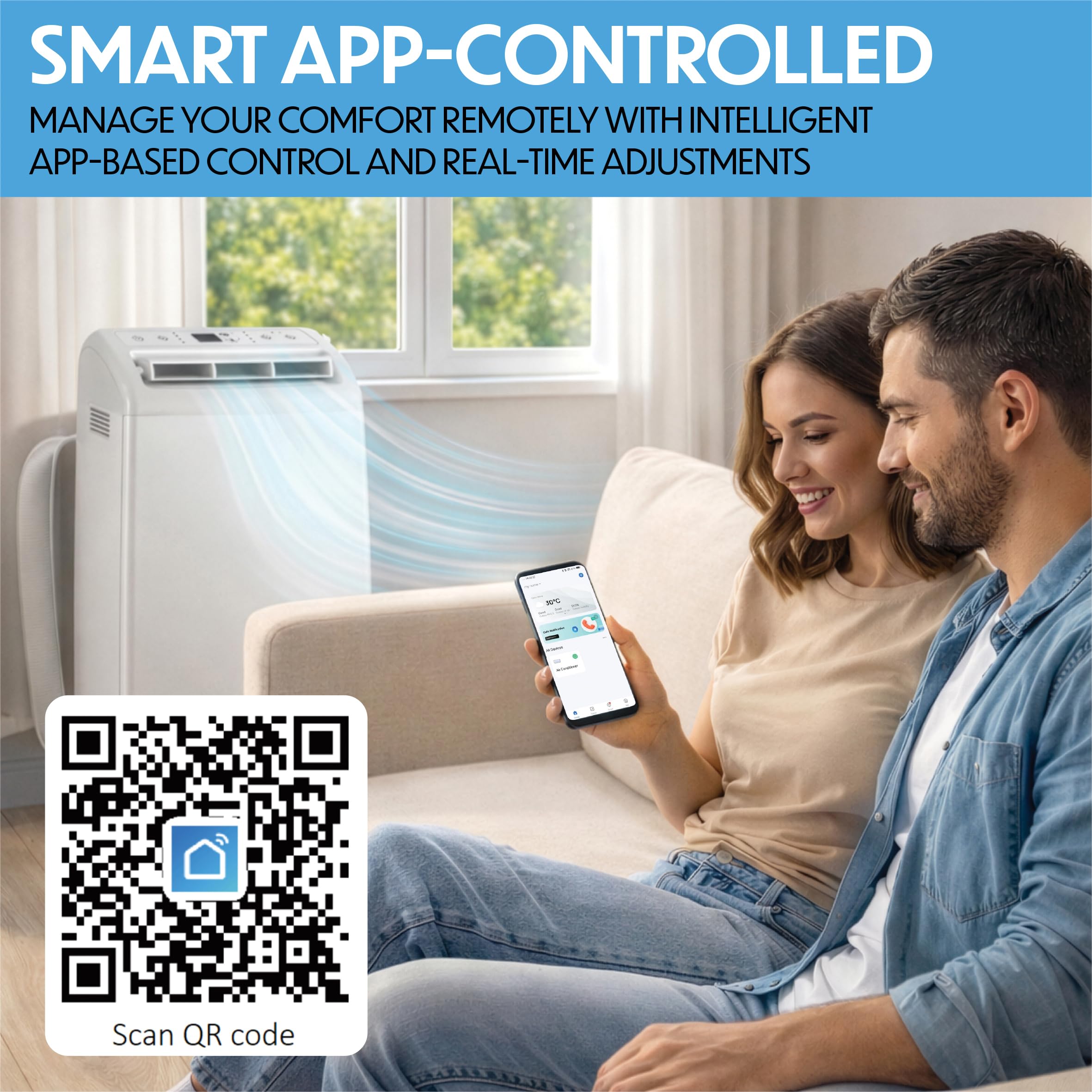 Prem-i-air 12000BTU Portable Split Air Conditioner, DC Inverter, Cooling, Heating, Fan, Dehumidifying, WiFi and Remote Control, Low Noise, New R32 Refrigerant, Home, Caravan, RV