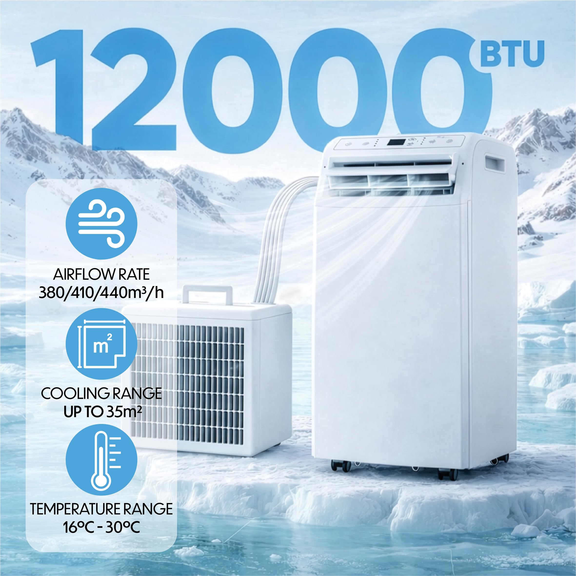 Prem-i-air 12000BTU Portable Split Air Conditioner, DC Inverter, Cooling, Heating, Fan, Dehumidifying, WiFi and Remote Control, Low Noise, New R32 Refrigerant, Home, Caravan, RV