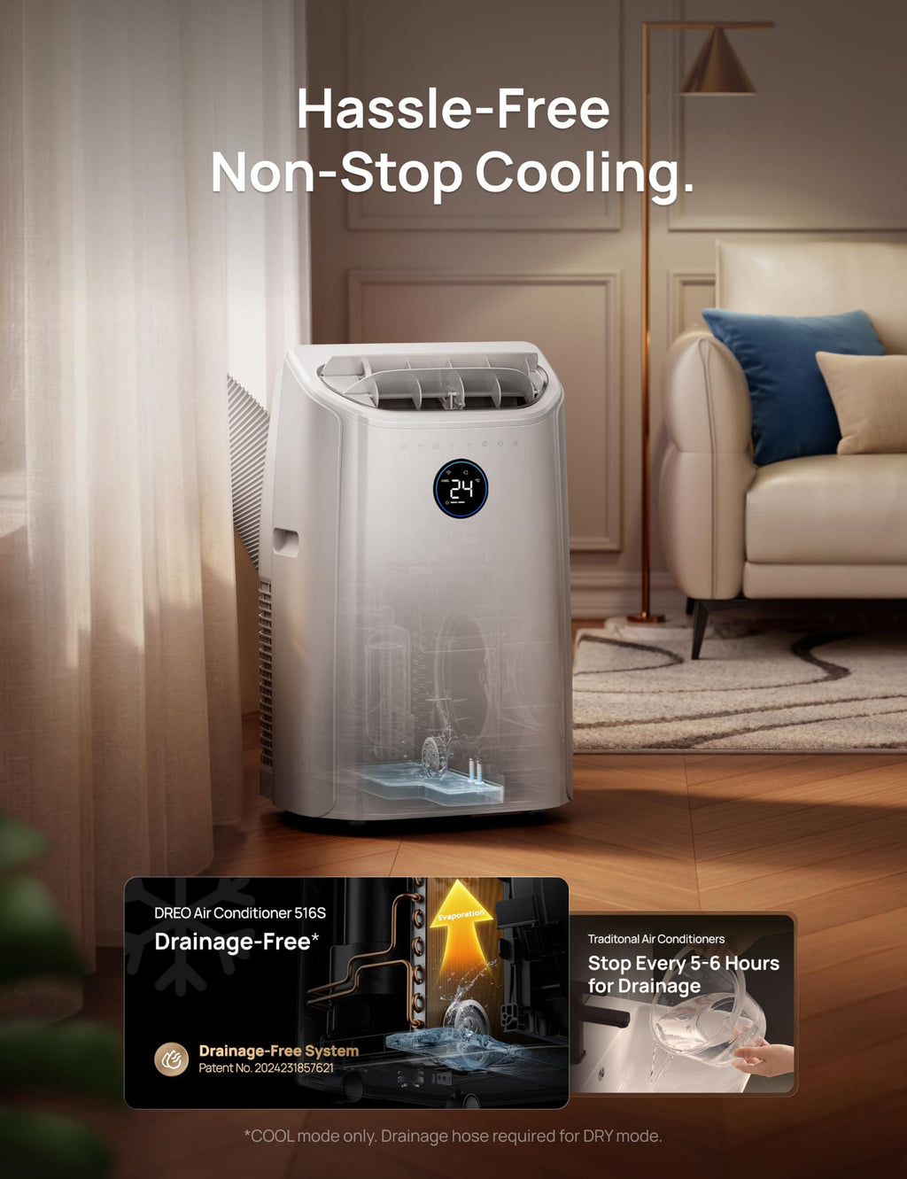 DREO 12000 BTU Portable Air Conditioner, 3-in-1 Cool/Fan/Dry Quiet AC Unit for Bedroom/Office, Smart App/Voice/Remote Control, Drainage-Free, Universal Window Kit, 3.6L/H Dehumidification, AC516S