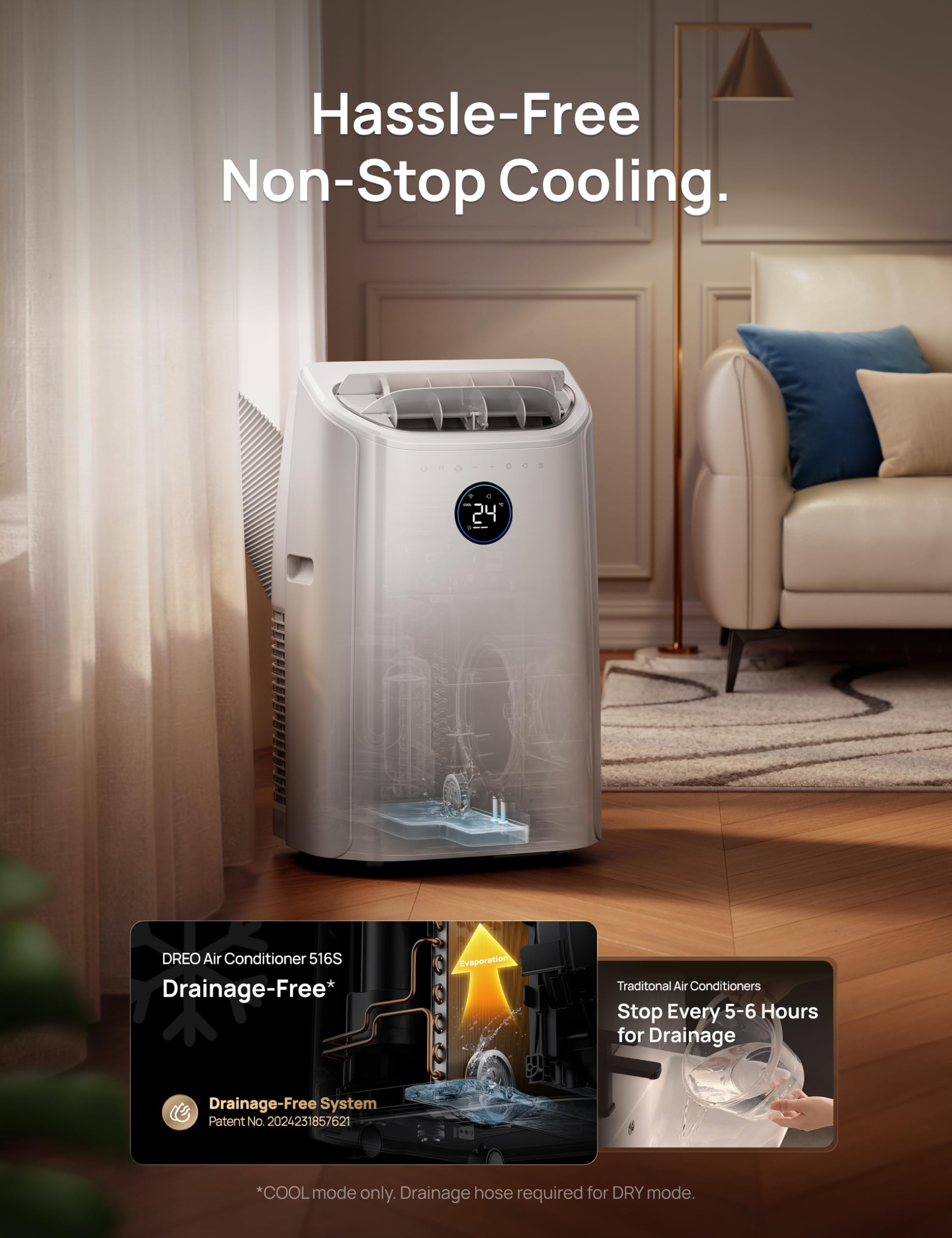 DREO 12000 BTU Portable Air Conditioner, 3-in-1 Cool/Fan/Dry Quiet AC Unit for Bedroom/Office, Smart App/Voice/Remote Control, Drainage-Free, Universal Window Kit, 3.6L/H Dehumidification, AC516S