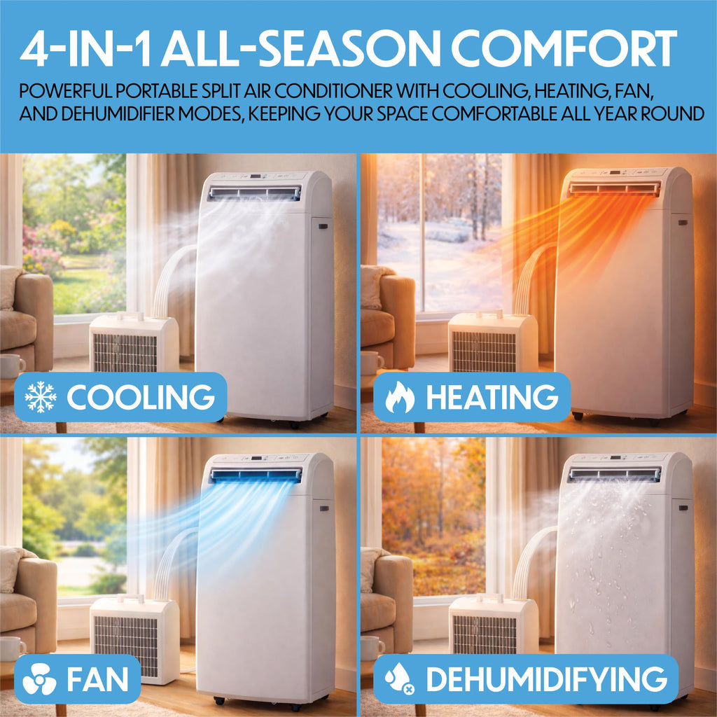Prem-i-air 12000BTU Portable Split Air Conditioner, DC Inverter, Cooling, Heating, Fan, Dehumidifying, WiFi and Remote Control, Low Noise, New R32 Refrigerant, Home, Caravan, RV